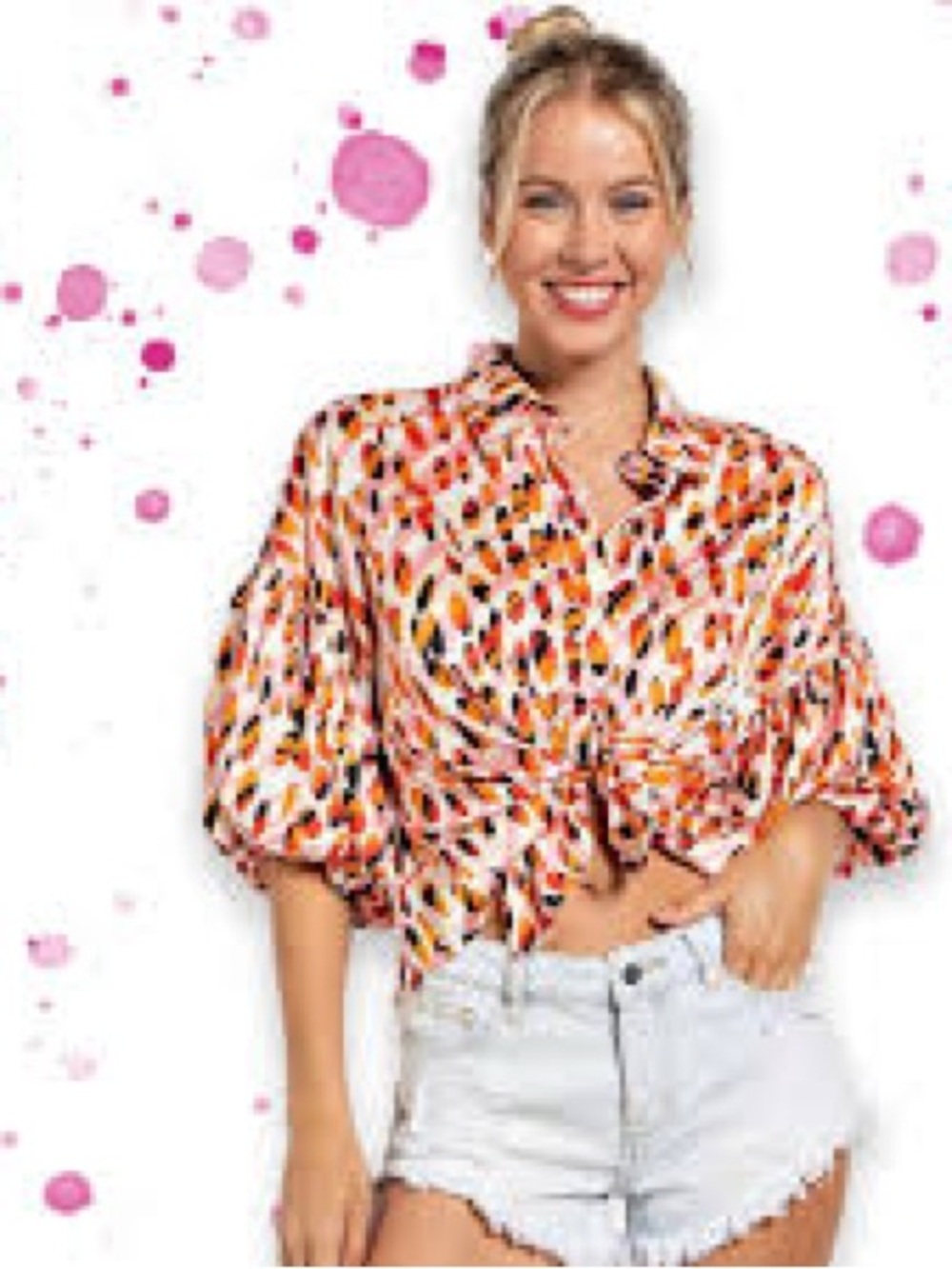 Women's Orange Multi Tie-Front Button Down Shirt